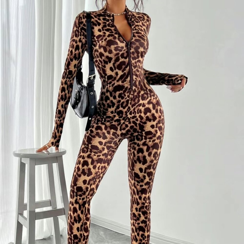 Leopard Print Long Sleeve Jumpsuit